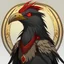 Placeholder: An Aarakocra D&D with black and red feathers, yellow beak, red eyes