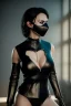 Placeholder: executioner in black leather, mature woman, skintight eye mask, cleavage, evil, angry, steam punk, 8k,dark