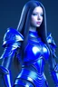 Placeholder: female with long hair, wearing blue metal armor, skinny