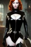 Placeholder: Christina Hendricks dressed in black leather catsuit, with a whip in her hand, inside a dungeon, busty, cleavage, angry, stern look, volumetric lighting, particales,highly detailed,cinematic, deep colours,8