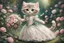 Placeholder: an anthropomorphic, kitten bride happily throwing a bouquet in a beautiful garden. The kitten has fluffy fur in shades of light brown and grey with distinct tabby markings on its face. Its large, expressive eyes are a deep emerald green and it has a small, pink nose. The kitten is wearing embroidered white lace bride dress, tulle, gemstones, pearls, adorning the hem and bodice. Behind her, a celebrating crowd, cats and people dressed in elegant clothes, wedding food and cake on the tables. Behin