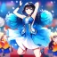 Placeholder: Clear focus,High resolution, Black short fluffy hair, and blue eyes, wearing a cheerleader outfit, smiling, jumping, hands in air