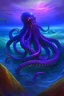 Placeholder: Long, thick purple tentacles, not a person, emerging from sea