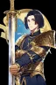 Placeholder: A handsome 30 year old knight, black hair, dark blue eyes, male bob haircut, in black-and-gold plate armor, golden katana in hands, no beard, european, portrait