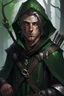 Placeholder: 35 year old male rogue elf, thief assassin, mauve hair, messy hair, bright green eyes, brown skin, black hood, black leather, messy, disheveled, trees, sneaky, bow and arrows, long and lean