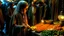 Placeholder: A full-length Palestinian girl wearing an embroidered dress and a white embroidered shawl buys oranges from an old seller wearing a keffiyeh in the market of Jerusalem, 100 years ago, at night with multi-colored lights reflecting on her.