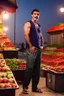 Placeholder: full body shot photography, iranian man at night, 46 years old with hands on the flap, manly chest, muscular chubby , curly beard, dirty, serious, stand up on a crowded street, sells watermelons at his stall, sweat, shirtless, open legs, bulging pants, long hair, ugly, big thighs, bullneck, big shoulders, photo realistic, photographic, super detailed, hyper realistic, UHD, midnight , misery and poverty, side light, frontal view from the ground, ambient occlusion