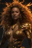 Placeholder: hot worrior woman of fire, with mixing a lion style accessories and fashion and hairstyle, belly,ornaments hair,sparkle ,candels,realistic,portrait,masterpiece,beautiful woman, shoulder length messy hair, black an gold catsuit, happy, hyper detailed painting, concept art, fractal isometrics details bioluminescence, 3d render, octane render, intricately detailed, cinematic, hyper realistic cover photo awesome full color, hand drawn