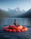 Placeholder: person meditating floating above water with mountains in the background