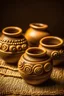 Placeholder: unusual candles in clay pots in shamanic style. colors: brown, beige, orange.