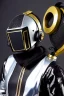 Placeholder: Metallic Cyber-punk style man with a web-camera-mask and old AKG-style headphones with golden. Large fencing mask covers man's cheeks. Man in good body shape. Reflective plastic body surface skin, full-coverage. Body and head full of integrated old-fashioned cameras and an old telephone. Silver to black latex surfaces body. Perfect body. Equations, Euclidean 3D-tiling, Escher tiling. Cables in head. Daft Punk 1996. Matrix black leather jacket with a Hood. Chains.