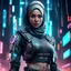 Placeholder: Fhoto full body, reality, Raw, hijab as cyberpunk warrior, digital art, with logo text "addie", intricate details, powerful composition, captivating, , trending on artstation, sharp focus, studio photo, intricate details, highly detailed high tech, by addie_digi