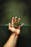 Placeholder: Bosch painting style nightmare a small hand of baby in water trying to hold a frog inside the water in the background
