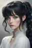 Placeholder: Slowly raising her head, she looked at him with expressive green eyes. Her black hair with gray highlights was wavy, gathered in a small ponytail, and pearl-shaped invisible hairpins to cover the bangs that hindered her eyes, decorated her delicate face.*