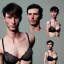 Placeholder: a short hair guy with a boyish face a beautiful cleavage in a lace neckline with a man's short haircut a thin waist and wide hips in bra and amulet of black magic