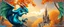 Placeholder: portrait of a shiny blue and green dragon squirrel in autumn, flying above wooden castle, breathing smoke, book cover illustration, with metallic transparent wing border on left and right of frame