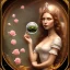 Placeholder: portrait borders glass sphere with Princess inside with big bobs long hairs black eyes no top roses