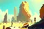 Placeholder: Sunny day, people, rocks, distant modern city