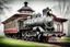 Placeholder: An old vintage train station on a foggy day, add deep dark color and reflections in and around the old stempunk train