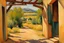 Placeholder: sunny day, mountains, trees, dirt road, countryside, nostalgy influence, adobe house, wilfrid de glehn and paul cezanne impressionism paintings