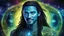 Placeholder: beautiful gorgeous young man na'vi with long hair, Avatar, blue skin, two small ears, green eyes, black hair, in cosmic suit, galactic ambiance, medium pointy goatee , smiling, nebulas and sacred geometry light figures on the backgroud,