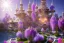 Placeholder: a magical crystal flower lys bougainvillier, arbor of pink wisteria, blue gold house crystal castle in wood of a lot of pink wisteria,blue lake,sun,white swanns,pink vertical, blue lake,sharp, vines, candlelit, endor, ornate, elegant, highly detailed, artstation, concept art, smooth, sharp focus, illustration, 8k, splash art, wallpaper, key visual