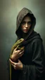 Placeholder: Hieronymus Bosch and Van Gogh styles , a hooded woman holding a lizard looking at you In foggy smoky background