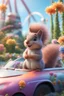 Placeholder: plexi glass tower, portrait cute fluffy wolly squirrel with berret in a car by a water slide holding weird flowers in the style of pixar, on a strange planet with weird colors and wind turbines, bokeh like f/0.8, tilt-shift lens 8k, high detail, smooth render, down-light, unreal engine, prize winning