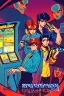 Placeholder: a millineal teenage boy is playing video arcade games, bright colored clothes from the 90s, hairstyles of that time