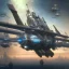 Placeholder: Steampunk scene of futuristic San Francisco, fantasy airships flying over Victoria in a cloudy sky,Giant sci-fi super-panzer in the style of John Berkey