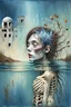 Placeholder: surrealistic painting depicts a woman submerged in water, with only her face visible above the surface. Her hair is dark brown with blonde highlights, and her eyes are a warm brown. Below the waterline, her torso is replaced by a skeletal ribcage entwined with translucent, organic root-like structures and dried leaves, revealing the internal decay beneath the skin. The upper part of the painting features a dilapidated, light-colored building with multiple levels and a dome, seemingly floating on