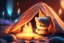 Placeholder: Against a dark cracked holographic marble background, a cute chibi plushy fluffy knitted and embroidered cat, tent, campfire, pond, mist and fog in sunshine, drawn in orange glowing neon lines. The cracks in the background are golden. Ethereal, cinematic postprocessing.