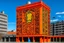 Placeholder: An orange colored tower in an electrical city painted by Keith Haring