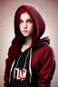 Placeholder: A sassy beautiful young woman with dark brown eyes and shoulder length red hair wearing a black hoodie. Realistic.