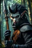 Placeholder: Ghibli movie. gerhart, guweiz. portrait of a handsome Goth vash, dynamic pose, galactic creature, Goth vash in space holding a spear, hunter, forest background, fantasy, ghibli. using natural light to highlight weathered textures. with a forest background. with an emphasis on expression and mood.