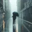 Placeholder: man walking in rain in the city with black umbrella