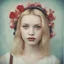 Placeholder: Grunge Polaroid head shot of blond vlada roslyakova,she has freckles on her face, pouty lips, red nose, hair adorned with strange flowers, red cheeks and nose, headphone