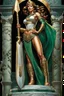 Placeholder: highly detailed statue on a plint of a goddess made of marble and jade. She caries a roman spear in her left hand and a shield in her right hand. boots. stunning body. full body shot. Mark Brooks and Dan Mumford, comic book art, perfect, smooth