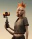 Placeholder: Statue of Queen of photography. Cute blonde woman. Photographer in golden crown. Standing on the street. Big camera in her hand. hyperdetailed, photorealistic, trending on artstation, greg rutkowski, beksinski, kodachrome