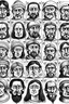 Placeholder: diferent medieval faces of diferent medieval people with diferent expressions, some dramatic, somo happy. the style is minimal black and white stamp. in the sheet there are more than 5. very diverse court memebers and everyday people. man, woman, kids. white background