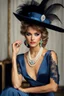 Placeholder: full body beautiful girl, elegant blue lace clothes of the 80s, luxury style, small elegant hat with feather, hair of the 80s, pearl necklace, earrings masterful, beautiful face