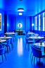 Placeholder: A restaurant with blue walls, a white floor, and an oval-shaped table in the middle of the restaurant with 30 chairs