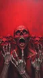 Placeholder: Bosch painting style ,nightmare, a lot of zombies with the hands up looking at you with screaming scary faces all of them in red colours and red background