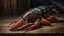 Placeholder: Still life painting of a lobster on a rustic wooden surface. Dark, moody atmosphere with a focus on texture and form. Lobster is central, vibrant red and orange hues contrasted with dark gray and black background. Detailed depiction of lobster's shell texture and body parts. Wooden surface is rough, worn, and shows signs of use. Several types of fishing nets and/or other objects in dark tones and textures are part of the composition, creating a sense of a fishing or seafood market scene. Da