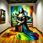 Placeholder: A conceptual painting that explores the idea of art coming to life. The Mona Lisa, with a serene expression, hangs on the wall of a gallery. The fluid from her painted eyes starts to flow down, creating a trail that gradually transforms from monochrome to a kaleidoscope of vibrant colors. The floor of the gallery is covered in this flowing color, creating a stunning contrast to the minimalist design of the room. The overall atmosphere is surreal and thought-provoking, inviting viewers to questio