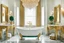 Placeholder: Malachite bathroom with a white marble bathtub on gold baroque legs, a marble sink with a gold vase faucet, and a gold-framed oval mirror with a gold towel holder, in an eccentric, luxurious style, high fetailed, cinematic