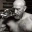 Placeholder: burly ugly 58 year old man bald with short beard and tank top manly chest chooses a bottle of wine in a cellar full of wine bottles dramatic light angry eyes highly detailed