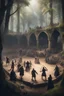 Placeholder: fantasy medieval tournment arena into the woods with people fighting