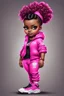 Placeholder: Create an airbrush image of a curvy chibi cartoon black female wearing a hot pink jogger set and black sneakers. Prominent make up with hazel eyes. Extremely highly detailed of messing curly bun