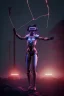 Placeholder: 3d, si-fi hunger, girl middle stand on round glowing platform, connected by wires , vr googles, beautifully color coded, super detailed, moody lighting, volumetric lighting, night time, glowing veins, mass effect, vertical light glow